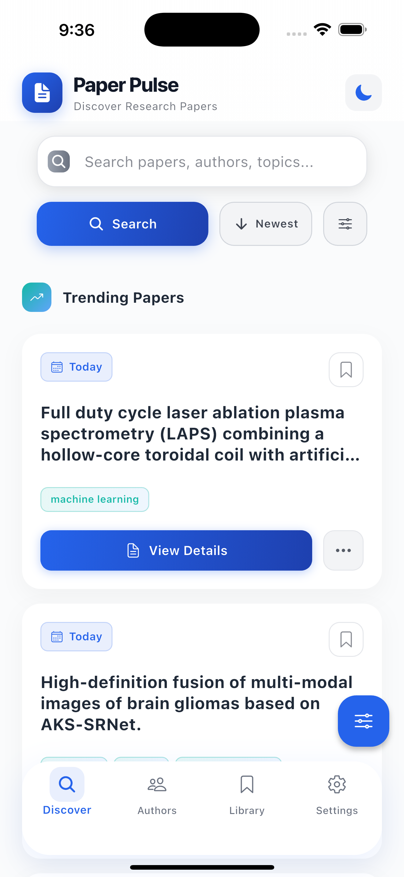 Paper Pulse mobile app screenshot showing AI-powered research paper discovery interface with search and recommendations