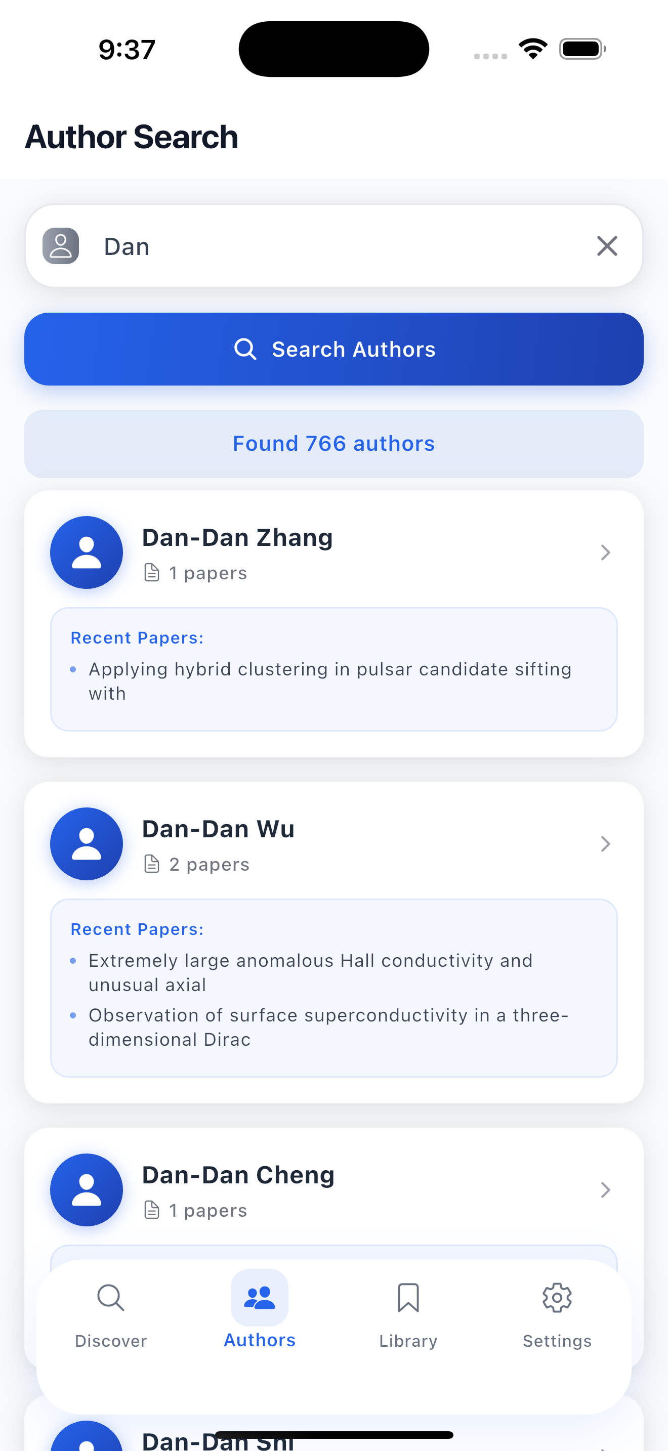 Paper Pulse author search interface showing researcher profiles and publication history