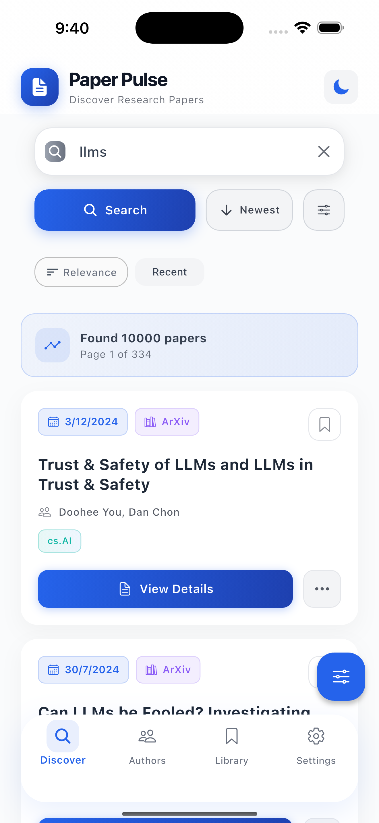 Paper Pulse bookmarking interface for organizing research papers and saving favorites