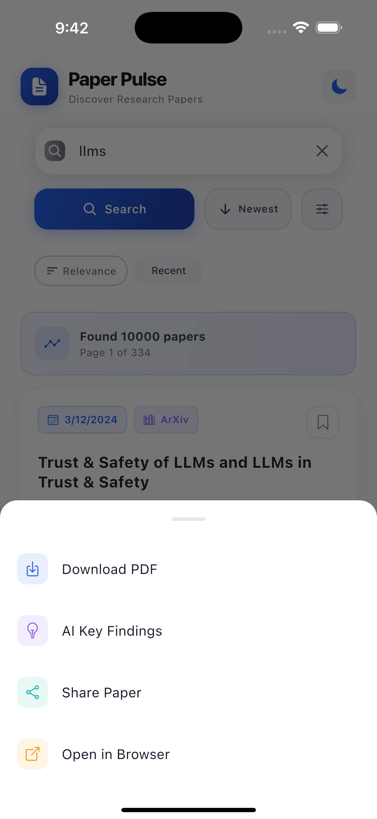 Paper Pulse dark mode interface for comfortable nighttime research reading